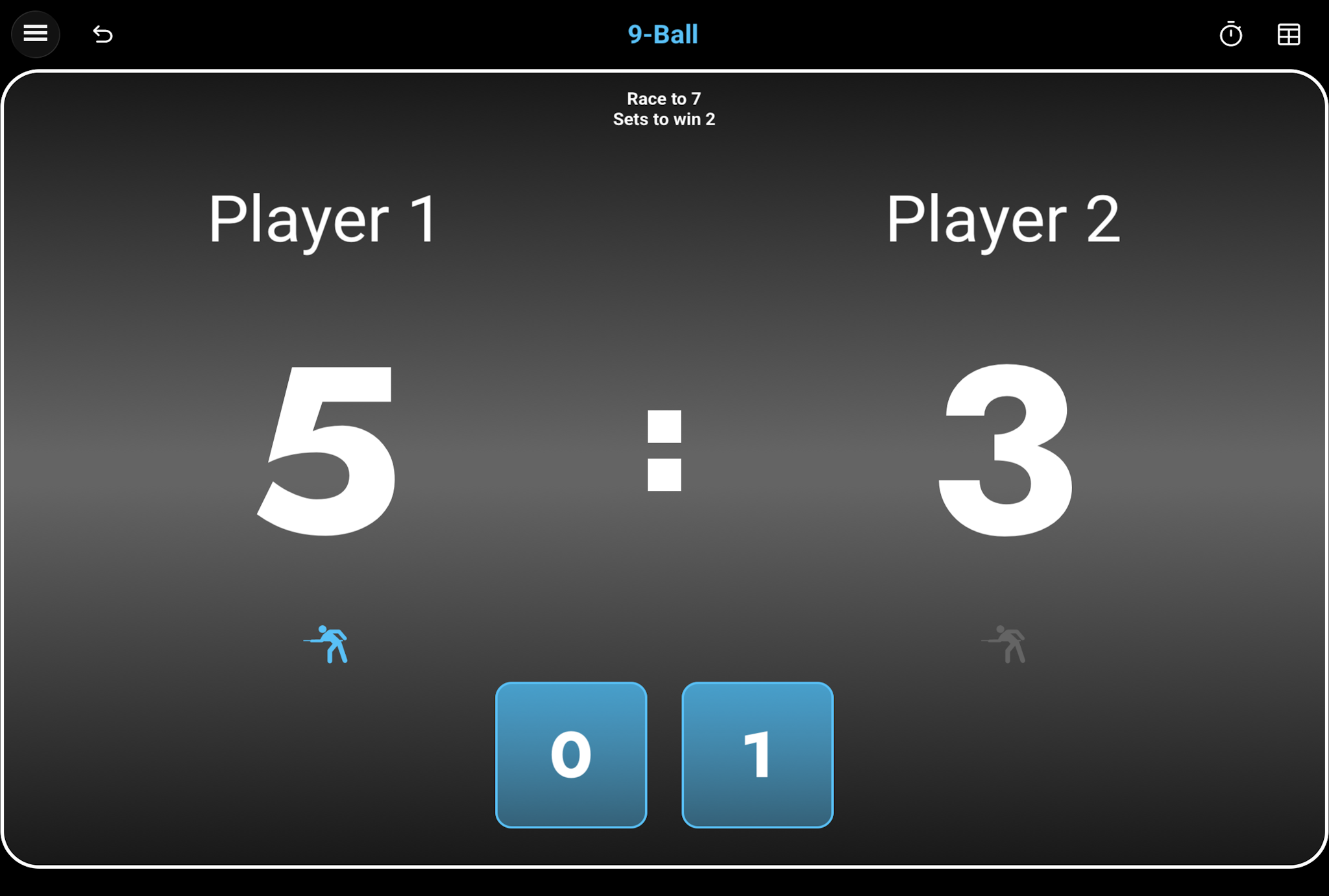 9-Ball scoring page, also representative of 8-Ball and 10-Ball