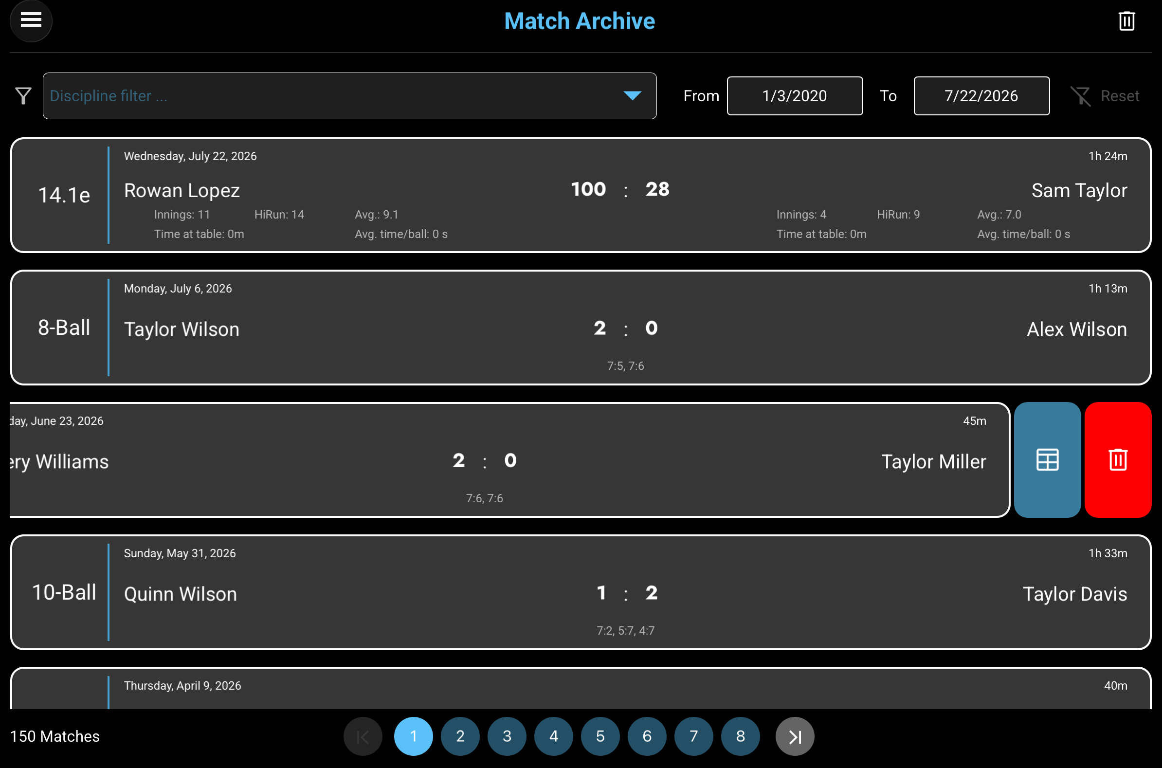Smart-Score Match Archive with filters, archived matches, swipe actions, and pagination