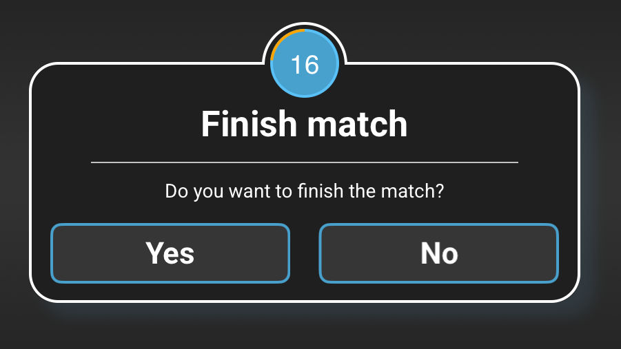 Smart-Score finish match confirmation with countdown, Yes, and No buttons