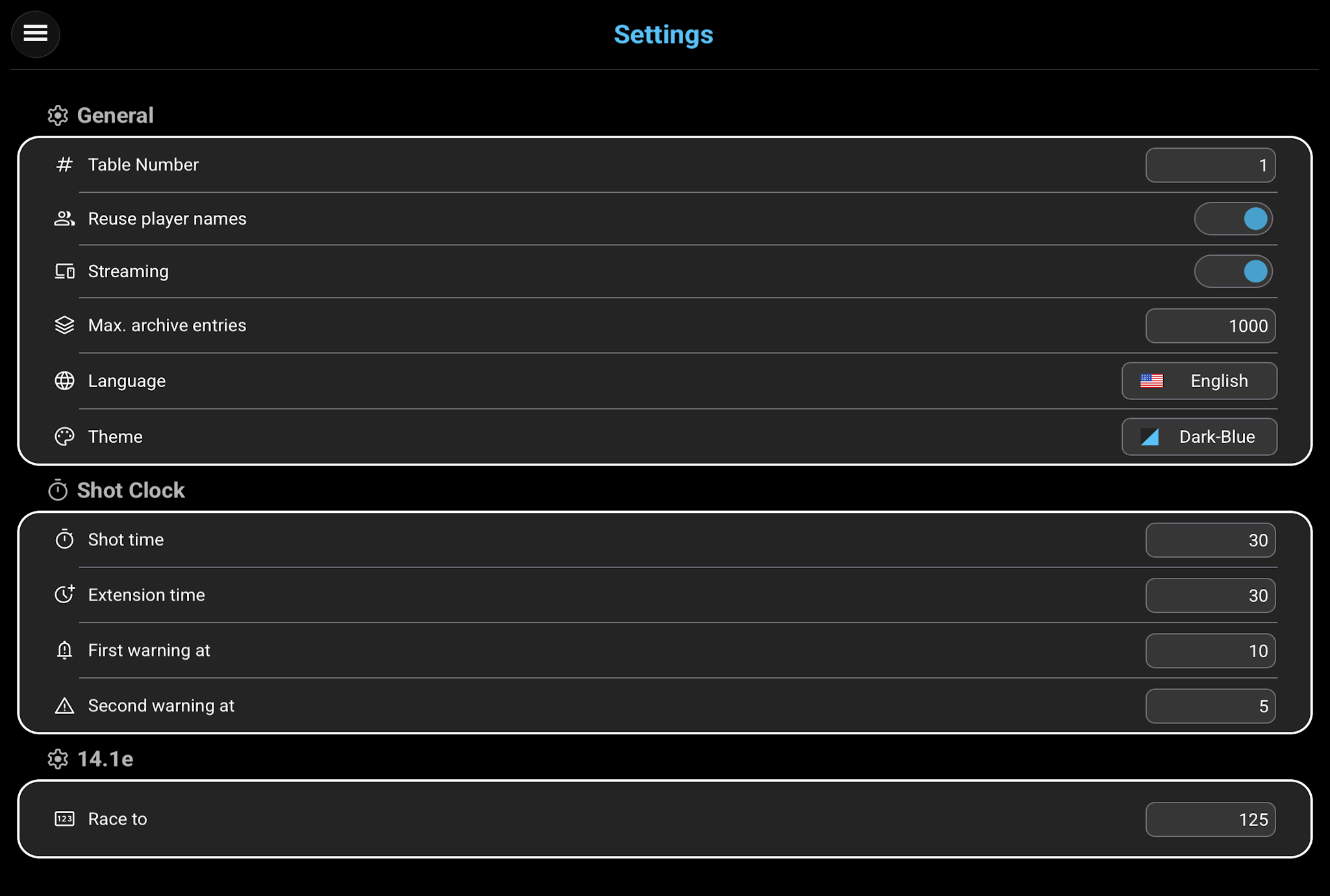 Smart-Score settings screen including General, Shot Clock, and Straight Pool settings