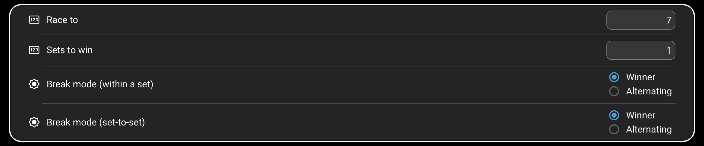 8-Ball, 9-Ball, and 10-Ball settings with match targets and break modes