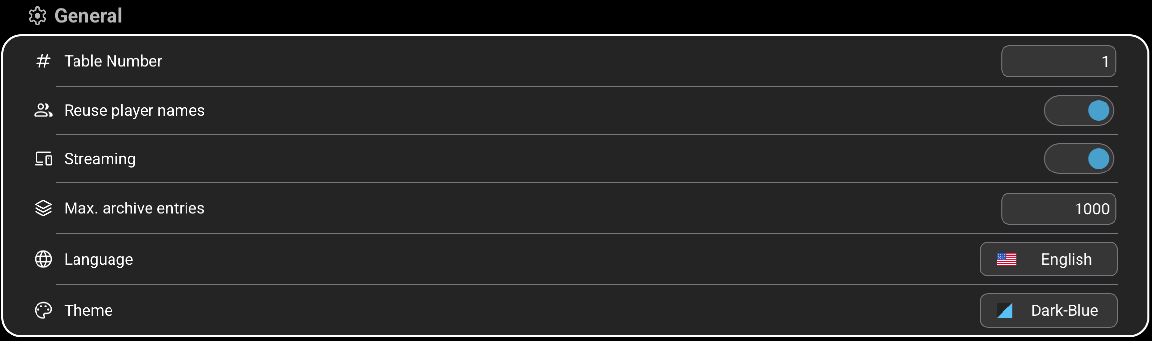 Smart-Score General settings showing table number, player reuse, streaming, archive size, language, and theme