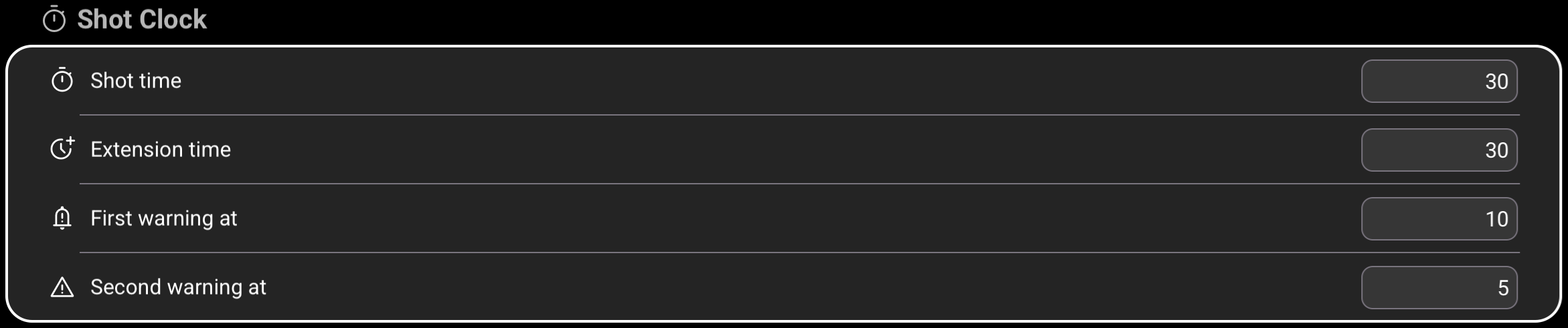 Shot Clock settings showing shot time, extension time, and two warning thresholds