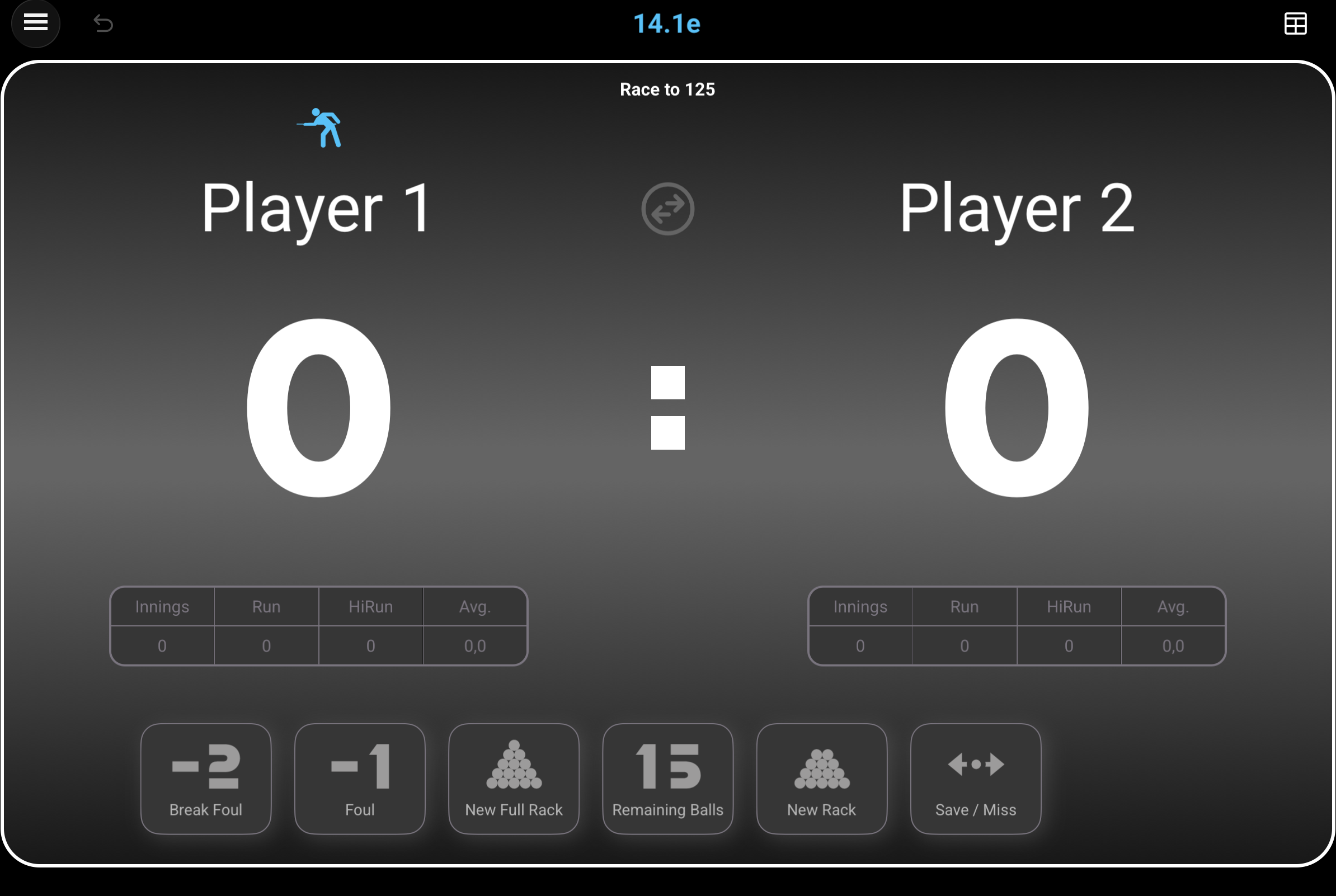 Straight Pool scoring page showing Race To, player names, and Player Swap controls